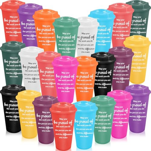 Kaxtde 24 Pcs Thank You Gifts Coffee Cups, 470 ml Appreciation Plastic Cup Bulk, Reusable Inspirational Tumblers with Lids for Employee Teacher Coworker Staff Nurses (12 Colors)