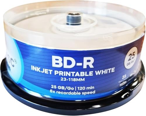 ACU-DISC Pro-Series BD-R 25GB 6x HTL Full Face White Inkjet Printable Single Layer Recordable Blank Data Blu-Ray Discs 130 Minutes Cake Box/Spindle 8186 - 50 Pack