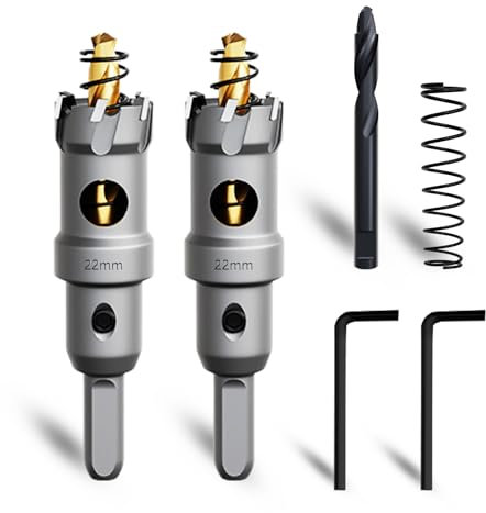 METOTY 2 sierras perforadoras de metal de 22 mm, de metal duro, con una broca adicional de guía de paso nitrurada gratis y llave en L, para acero, hierro, aluminio y metal