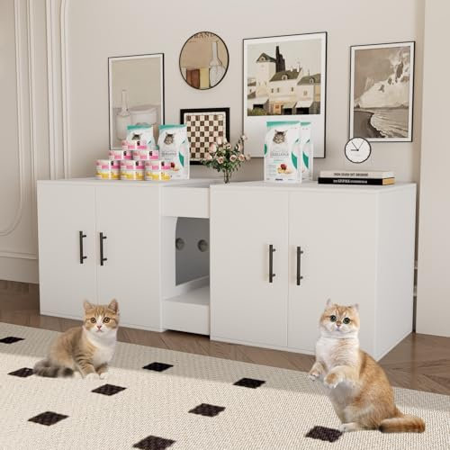 WUDLEP Cat Litter Box Enclosure for 2 Cats, 55 x 21 x 20 Modern Hidden Litter Box Enclosure Furniture with Double Room, Indoor Cat Litter Furniture, Side End Table, TV Stand