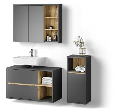Livinity Ensemble Meubles Bain Vomano, Anthracite, 3 pièces, avec Armoire Centrale