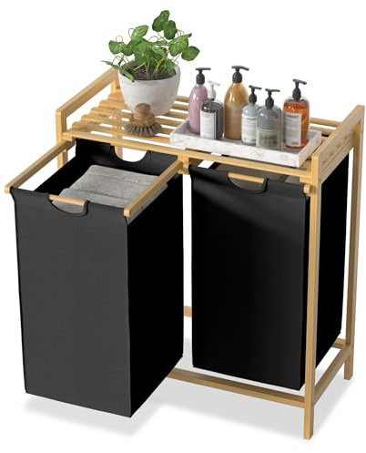 XMTECH Panier à linge avec 2 compartiments - Panier à linge sale - Panier à linge avec étagère en bambou et sac à linge amovible en tissu Oxford - Noir
