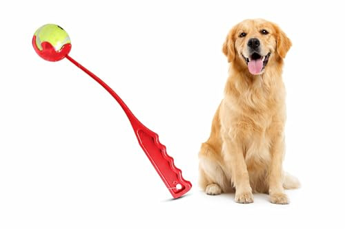 HIFSA Dog Ball Launcher Tennis Ball Launcher Ball Thrower Stick Interactive Pet Outdoor Training Toy Fetch Throwing Tool Puppy Exercise High Bounce Hands Free Pickup Throw (Red Launcher)