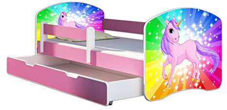 Kinderbett Jugendbett mit einer Schublade und Matratze Rausfallschutz Rosa 70 x 140 80 x 160 80 x 180 ACMA II (18 Pony Regenbogen, 80 x 180 cm mit Bettkasten)