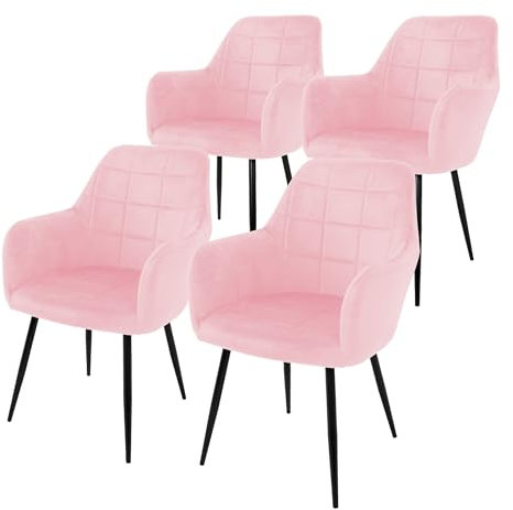 ECD Germany 4er Set Esszimmerstühle mit Rücken- und Armlehnen, Rosa, Küchenstühle mit Samtbezug, Polsterstühle mit Metallbeinen, Ergonomische Stühle für Esstisch, Wohnzimmerstühle Esszimmerstuhl