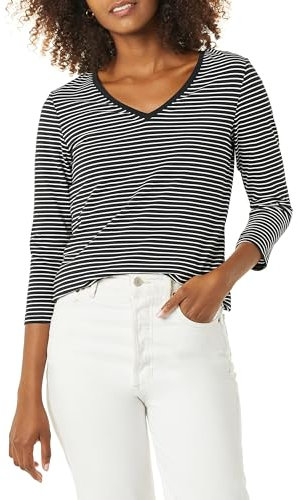 Amazon Essentials Women's Regular-Fit 3/4 Sleeve V-Neck T-Shirt (Available in Plus Size), Black White Stripes, M