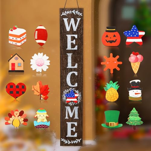 Interchangeable Welcome Sign for Front Porch Standing 47''x8'' Large Hanging Wooden Frame Sign with 16 Pcs Replaceable Icons Vertical Tall Outside Welcome Decoration for Carnival Wall(Brown Backing)