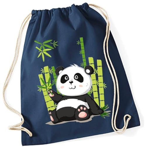 Turnbeutel für Kinder | Motiv Panda Paul mit Bambus | Schuhbeutel Sportrucksack Jutebeutel zum Zuziehen für Mädchen & Jungen | Stoffbeutel mit Kordel für Schule Kindergarten Freizeit (Dunkelblau)