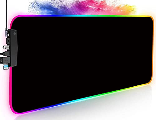 RGB Gaming Mauspad XXL with 4 USB Ports, RGB Mousepad groß mit 14 Beleuchtungs Modi 7 LED Farben Vernähte Kanten Wasserdicht Anti-Rutsch,Verbessert Präzision | Komplett Schwarz 800 x 300mm