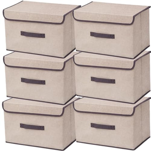 NCRGB 6 Stück Stoff Faltbare Aufbewahrungsboxen mit Deckel 36×23×24cm,Stoffaufbewahrungsbehälter mit Deckel,Kleiderschrank Organizer für Kleideraufbewahrung,Raumorganisation,Spielzeug-Beige Weiß