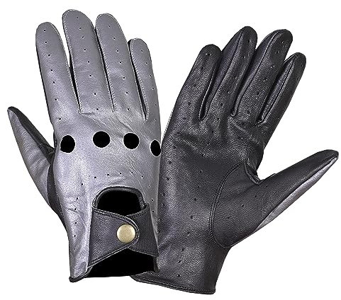 NORMAN Herren Leder Vintage Retro Stil Chauffeur Fahrhandschuhe Schafe Leder Handschuhe, Graue Löcher, XL