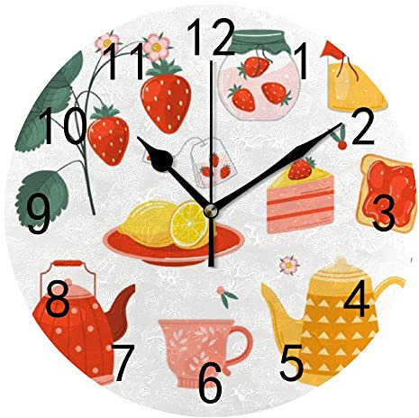 Wall Clock for Living Room Decor Strawberries Tea Cups Teapot Hanging Round Desk Clocks Bathroom Kitchen Office