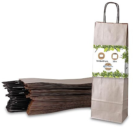 GREENBOX Lot de 25 sacs cadeaux pour bouteilles avec anse 14 x 8 x 40 cm Papier kraft Grammage 100 g/m² Emballage élégant I Sac pour bouteille de vin I Sac cadeau vin I Sacs en papier argenté