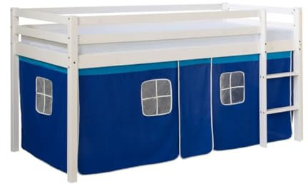 Homestyle4u Kinderbett Weiß 90 x 200 cm Holz Kiefer Blau Hochbett mit Vorhang Leiter Lattenrost Matratze