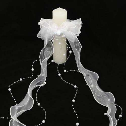 Charfia Kommunionkerze Tropfschutz Weiß mit Schleife und Lockenbändern, Tropfenfänger für Taufkerzen und andere Stabkerzen