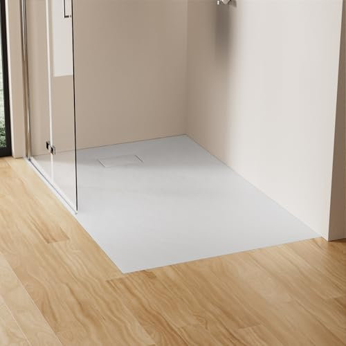 EMKE Duschwanne 140x90 cm Duschtasse Flach SMC Rutschfeste Brausewanne Weiß Höhe 2.6 cm Steinoptik Duschwannen Ablaufgarnitur 90 mm
