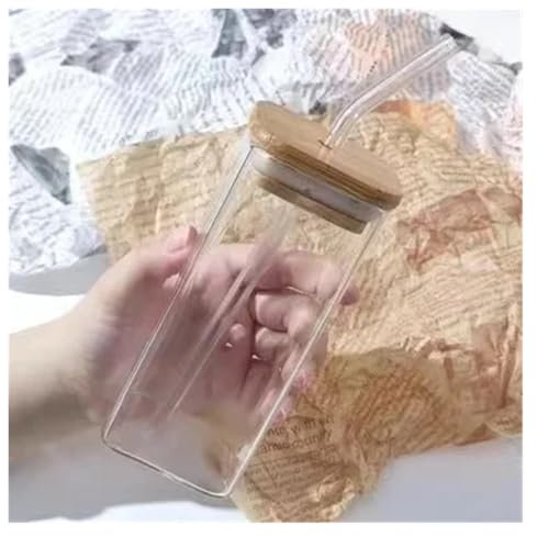 1Pcs Platz Wärme Beständig Kaffee Glas Tasse Mit Deckel und Stroh Transparent Milch Tee Saft Tassen Kaffee Becher for home Bar Drink(Bamboo lid)