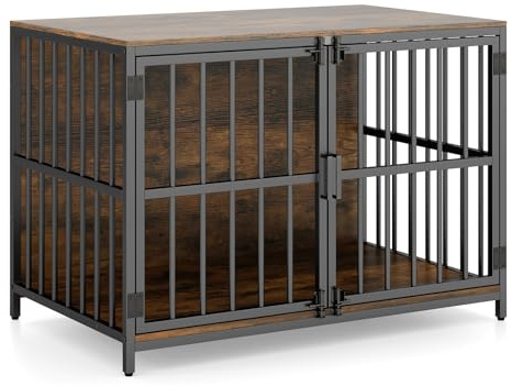 GYMAX Dog Crate Furniture, Heavy Duty Dog Kennel with Dual Lockable Double Doors, Indoor Pet Kennel Side Table for Small and Medium Sized Dog, 100 x 60 x 70 cm