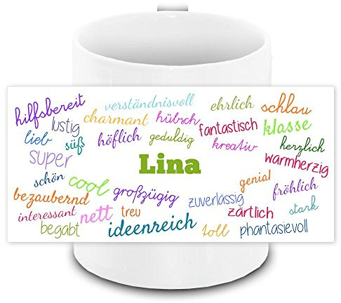 Tasse mit Namen Lina und positiven Eigenschaften in Schreibschrift, Weiss | Freundschafts-Tasse - Namens-Tasse