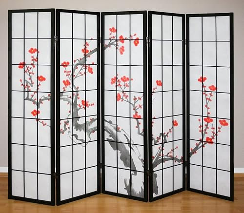 Décoshop26 Paravent 5 Panneaux Japonais en Bois Noir 220x175cm PAR06015