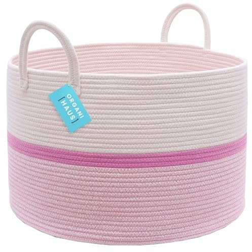 OrganiHaus Cestas Almacenaje de Cuerda de Algodón con Asas, Cesto Ropa Sucia, Cesto Ropa y Toallas de Baño, Almacenaje Juguetes y Mantas de Salón. Rosa/Blanco (50 x 33 cm)