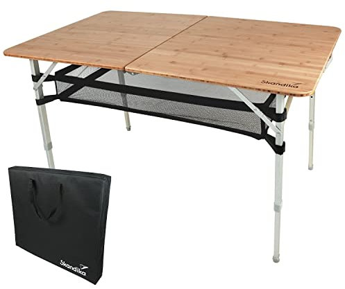 Skandika Bambus Campingtisch Tolja | Faltbarer Tisch mit Netzablage, versch. Größen, 3-Fach höhenverstellbar, Alu, Holz, wetterfest, UV-beständig | Klapptisch für Camping, Garten, Balkon