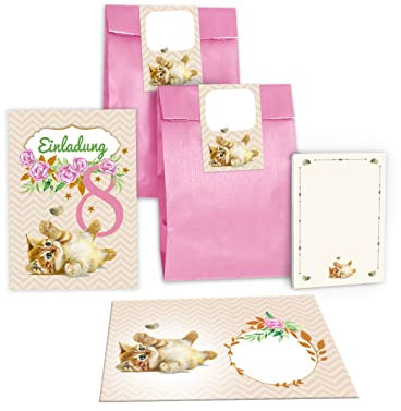 Junapack 12 Einladungskarten zum 8. Kindergeburtstag achte Geburtstag Mädchen Katze incl. 12 Umschläge, 12 Tüten/rosa, 12 Aufkleber, 12 Blöcke