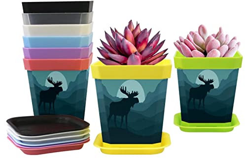 8er-Pack Kunststoff Pflanzensetzlinge Kinderzimmer Topf Friseur Werkzeuge Silhouette Elch auf Rolling Hills Night Muster Blumentopf mit Tablett, 8 Farben