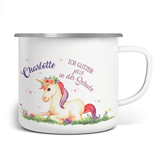 miKalino Emaille Tasse Mädchen - Trinkbecher Kinder personalisiert - Emaille Becher für Schulanfänger - Kindertasse mit Namen - Kindertasse bedruckt - Emaille Becher Weiß