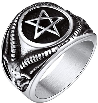 Bandmax Herrenring Fünfeckiger Stern Siegelring Pentagramm Bandring Ziegenkopf Fingerring Vintage Gothic Siegelring aus Edelstahl Ringgröße 72 Jungen Modeschmuck