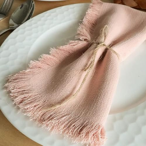 FLCSIed Handgefertigte Stoffservietten 100% Baumwolle Servietten mit Fransen, 4er Set, 17,7 x 17,7 Zoll Baumwollservietten Wiederverwendbare Servietten Tuch Waschbare Tischservietten (Rosa)