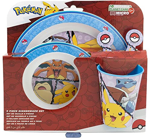 Set vajilla infantil reutilizable apta para microondas compuesta por vaso, plato, cuenco y cubiertos de Pokemon