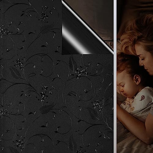 Fensterfolie Selbsthaftend Schwarz, Fensterfolie Lichtundurchlässig, 3D Reben Verdunkelungsfolie Blickdicht Sichtschutzfolie Verdunklungsfolie für Fenster Anti-UV Abdunklungsfolie (44.5 x 400 cm)