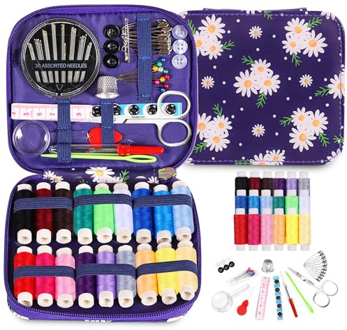 Sewing Kit for Adults Needle and Thread Kit for Sewing with Daisy Zipper Case 18 Color Threads Portable Basic Hand Sewing Repair Kits for Beginners Traveler Emergency DIY Quick Fix
