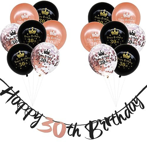 Happy 30th Birthday Banners Women, Black Rosegold 30th Birthday Decorations Kit with Happy 30th Birthday Banner Bunting 12Inch Happy 30th Birthday Confetti Balloons for 30th Birthday Party Supplies