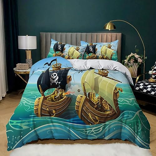 Kinder Bettwäsche Set Schlafkomfort Anti Allergie Microfaser Cartoon-Segelschiff Und Pirat Bettwäsche 135x200 cm, Bettbezug Set 3-teilig mit 2 Kissenbezug 80x80cm mit Reißverschluss