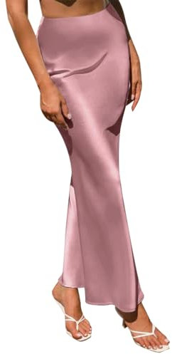 Odizli Gonna in raso da donna, lunga, elegante, estiva, a vita alta, Colore: rosa., M