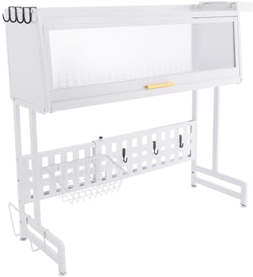 Escurreplatos de 3 niveles, con soporte para utensilios y bandeja de goteo, color blanco, para platos, platos, cubiertos, escurridor de platos, soporte para bebidas, hasta 100 kg