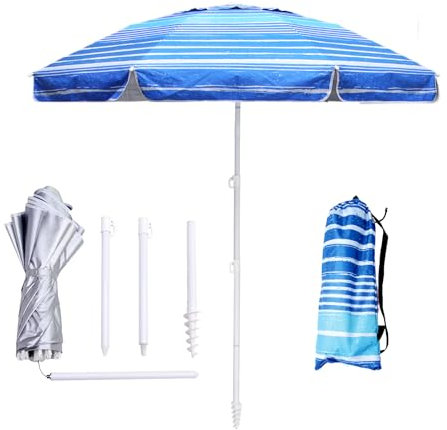 LOTTAFUN Strandschirm, strapazierfähig, windabweisend, UV 50+, tragbarer Sonnenschirm mit Sandanker und Tragetasche, Outdoor-Klappschirm für Strand, Pool, Terrasse, Garten (blaue Streifen)