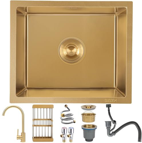 Fregadero Cocina 45x45cm,fregadero de cocina dorado,Fregadero de acero inoxidable 201,fregadero cocina con escurridor y sifón,cocina fregadero,1 fregadero empotrado