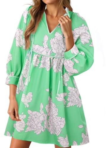 Cicy Bell Damen-Minikleid, Blumenmuster, 3/4-Ballon-Ärmel, V-Ausschnitt, fließendes Babydoll-Kleid, Sommer, Strand, Urlaub, Boho-Outfits, Grün , Mittel