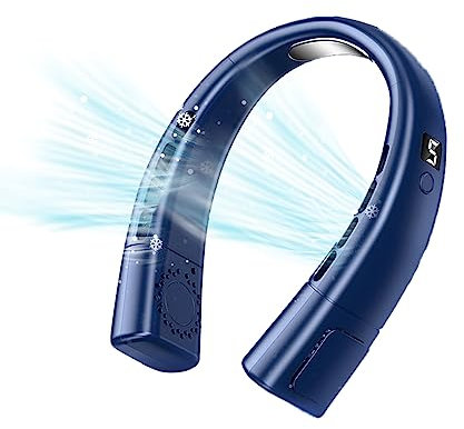 Neck Fan, Portable Neck Fan Rechargeable, Bladeless Fan with 5 Speeds, LED Display & Ice Tiles, Wearable Hands-Free Personal Hanging Fan for Men & Women, Travel, Office, Home (Blue)