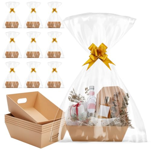 AHANDMAKER 10 Packung Geschenkkörbe Leer Papierkorb Mit Geschenktüten Mit Band Für Hochzeitsfeier Gastgeschenke Babyparty Erntedankfest Dekoration 10x8x3 Zoll