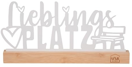 UNUS Aufsteller Lieblingsplatz Herz- und Bankmotiv aus Metall | mit Bambus-Sockel dekorative Tischdeko Geschenkidee weiß ca 28 x 14 cm