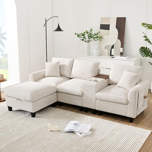 Merax 3-Sitzer Sofa Ecksofa L-Form mit Polsterhocker (inkl. Stauraum), Cord Stoff-Couch mit Konsole, USB-C-Ports, Getränkehalter und Seitentaschen, Beige