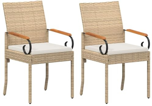 vidaXL Gartenstühle 2 pcs Beige und Cremeweiß Poly-Rattan und Akazie, Akazienstühle, rechteckige Sitzgelegenheit, wetterfeste Polyrattan-Gartenmöbel, bequemes Design