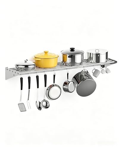 Aptliton Wall Mount Pot Pan Rack, 125CM Silver Stainless Steel Kitchen Utensil Hanging Shelf with 10 Hooks, Cookware Organiser Saucepan Rack