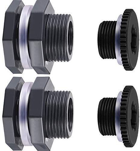 Outus 2 Stück PVC Schottverschraubung mit Stopfen für Regentonnen, Aquarien, Wassertanks, Wannen, Pools (3/4 Zoll + 4 mm dicke Silikondichtung, dunkelgrau)