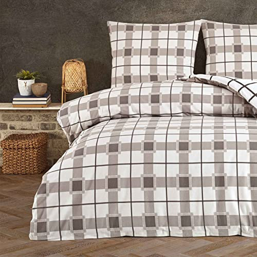 Style Heim Biber Bettwäsche 200x200 cm Flauschige Winterbettwäsche 3 Teilig 100% Baumwolle mit Reißverschluss Bettwäsche-Set Kissenbezüge 80x80cm, Wendebettwäsche Kariert Gestreift, Grau Weiß