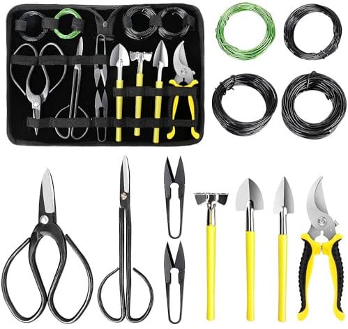 Bonsai Werkzeug, 13-teilig Bonsai Pflege Werkzeug Bonsai Werkzeugset mit Gartenschere, Bonsai Schere, Bonsai Draht, Mini Rechen und Schaufel - Bonsai Starter Werkzeuge Set für Bonsai Einsteiger